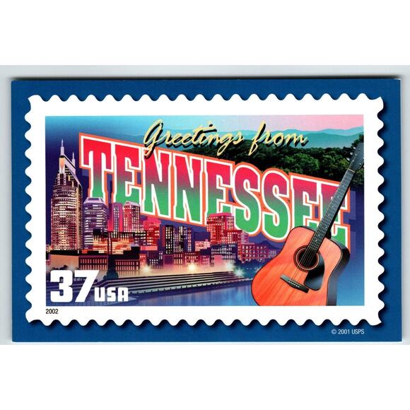Greetings From Tennessee Large Letter Chrome Postcard USPS 2001 Guitar Buildings - Picture 1 of 2